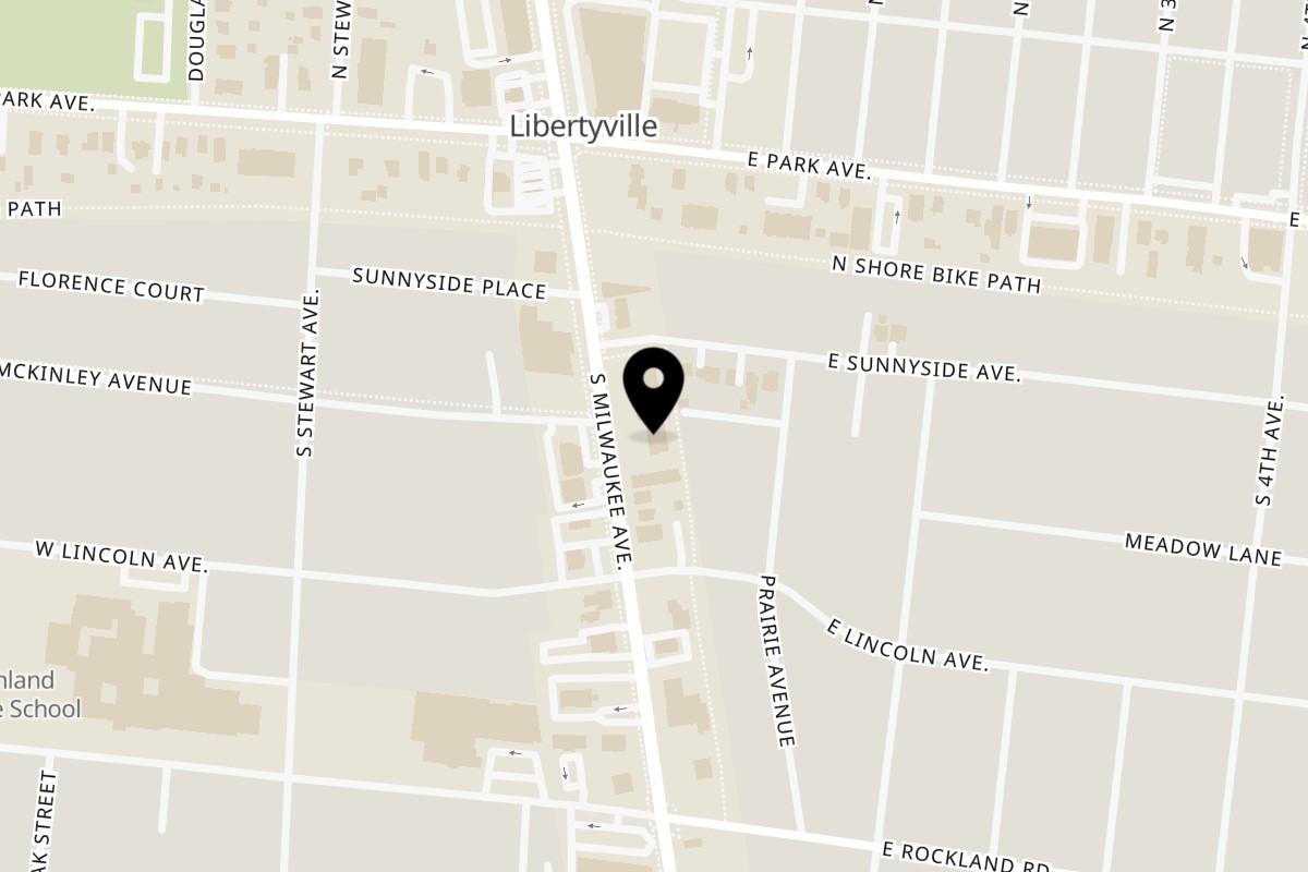 Map showing the location of Poke West on 214 S Milwaukee Ave in Libertyville